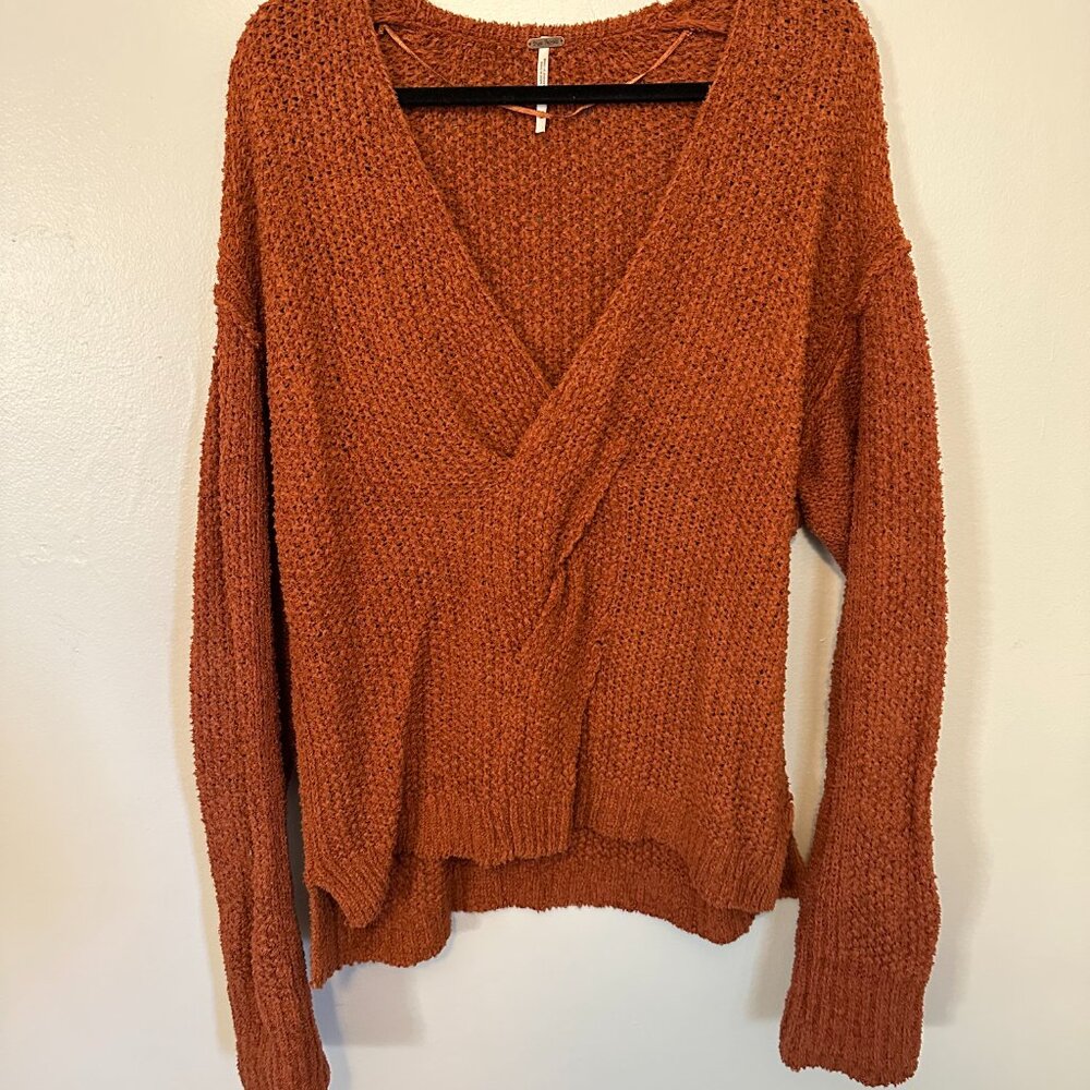 [Free People] Oversized Burnt Orange V-Neck Chunky Sweater (Medium)